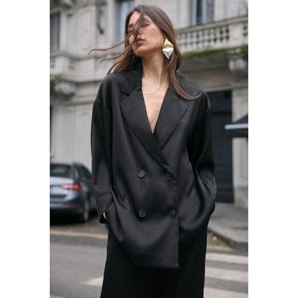 Zara Womens Blazer Suit Jacket Oversized XL Black Wrinkled look 4387/130 NWOT - Picture 1 of 10